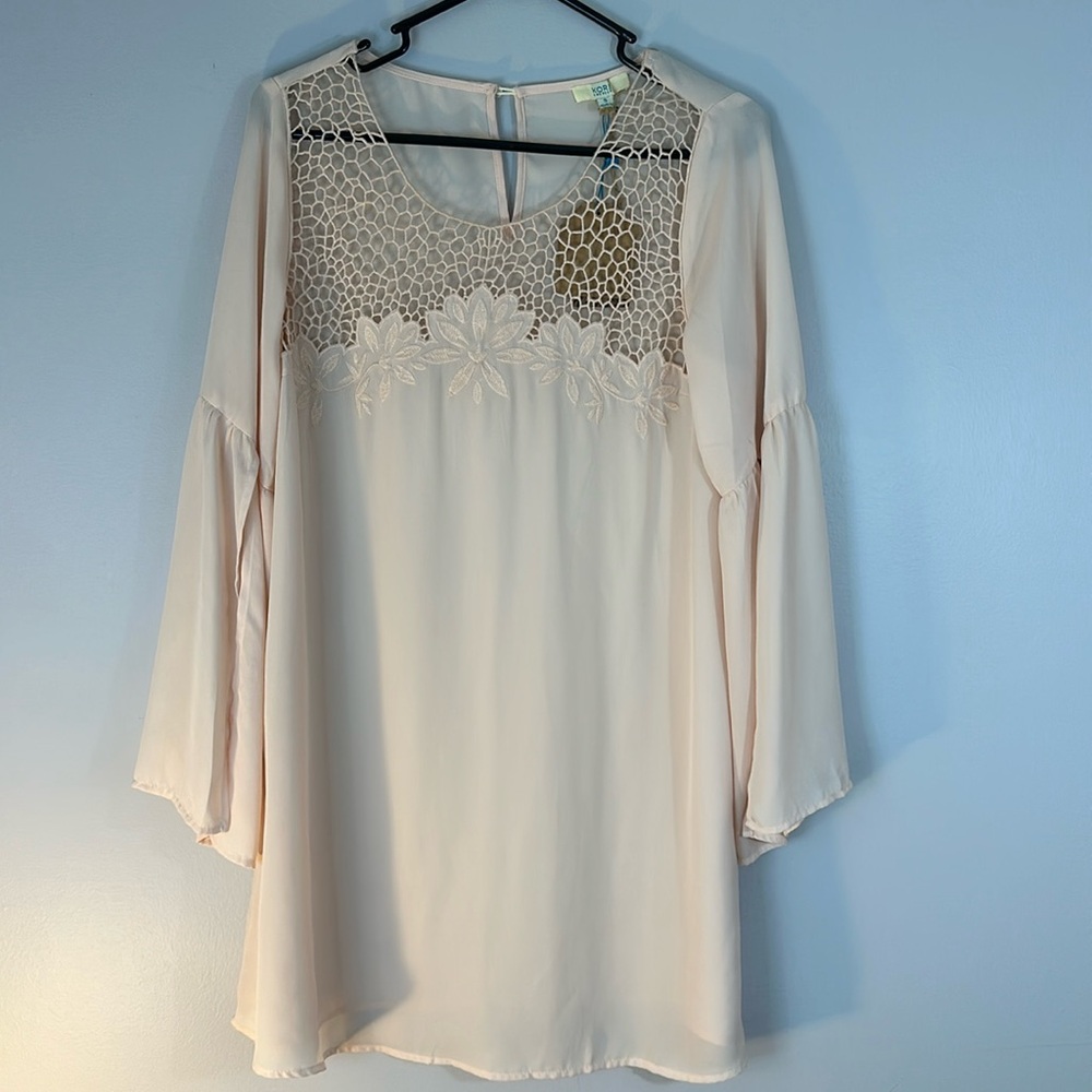 Kori America Long Bell Sleeve Chiffon Shift Peach Dress Sz S